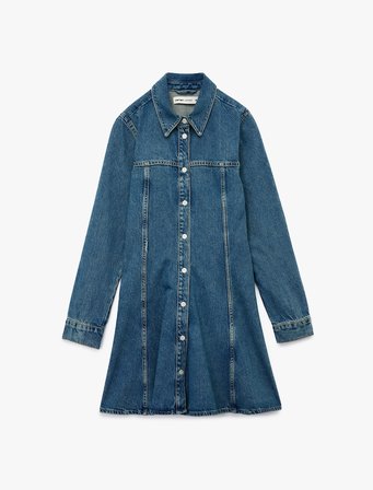 Pamuklu Uzun Kollu Klasik Yaka Düğmeli Volanlı Mini Denim Elbise