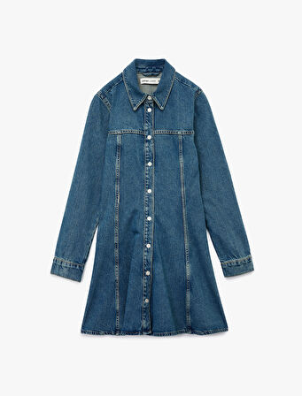 Pamuklu Uzun Kollu Klasik Yaka Düğmeli Volanlı Mini Denim Elbise
