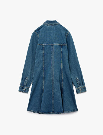 Pamuklu Uzun Kollu Klasik Yaka Düğmeli Volanlı Mini Denim Elbise