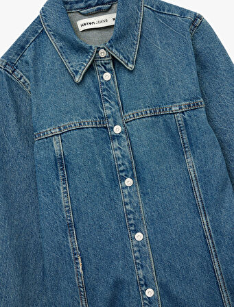 Pamuklu Uzun Kollu Klasik Yaka Düğmeli Volanlı Mini Denim Elbise