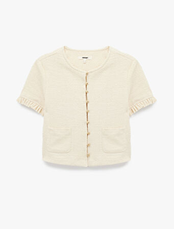 Cepli Fırfır Detaylı Kısa Kollu Bisiklet Yaka Triko Hırka