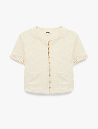 Cepli Fırfır Detaylı Kısa Kollu Bisiklet Yaka Triko Hırka