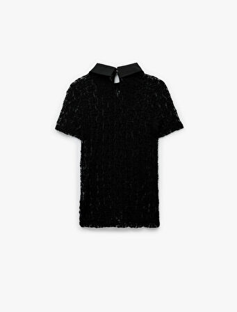 Transparan Gömlek Yaka Taş Detaylı Kısa Kollu Dantelli Bluz