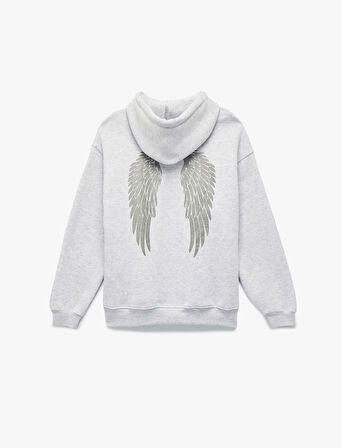 Şardonlu Kapüşonlu Kanguru Cepli Arkası Baskılı Oversize Sweatshirt