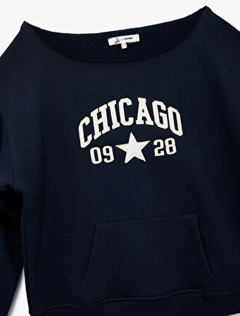 Nakışlı Şardonlu Kanguru Cepli Kayık Yaka Oversize Sweatshirt