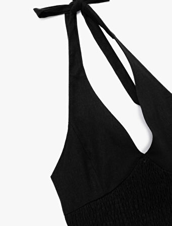 Slim Fit Gipeli Halter Yaka Keten Karışımlı Kolsuz Crop Bluz