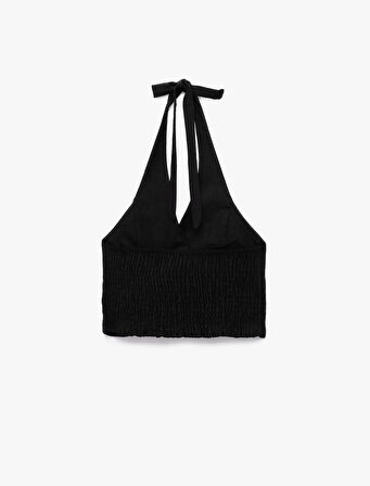 Slim Fit Gipeli Halter Yaka Keten Karışımlı Kolsuz Crop Bluz