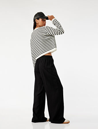 Beli Bağcıklı Rahat Kalıp Geniş Paça Keten Karışımlı Pantolon