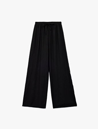 Beli Bağcıklı Rahat Kalıp Geniş Paça Keten Karışımlı Pantolon