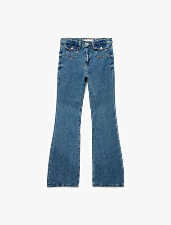 Yüksek Bel Düğmeli Cepli Dar Kalıp İspanyol Paça Jean Pantolon - Flare Jeans