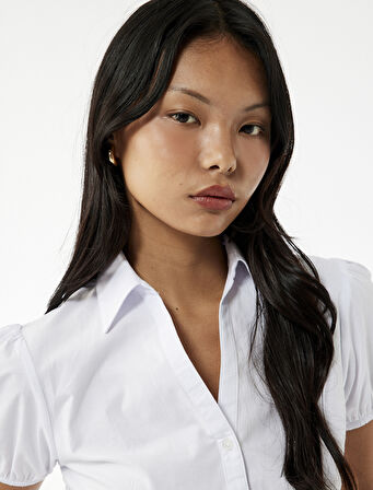 Slim Fit Kısa Kollu Klasik Yaka Düğmeli Poplin Bluz