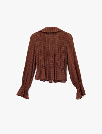 Fiyonklu Bağlama Detaylı Uzun Balon Kollu Gömlek Yaka Ekoseli Bluz