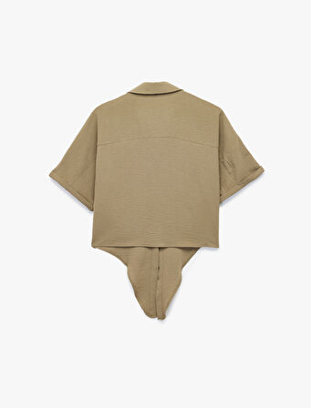 Rahat Kalıp Cep Detaylı Kısa Kollu Bağlamalı Crop Gömlek