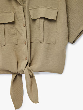 Rahat Kalıp Cep Detaylı Kısa Kollu Bağlamalı Crop Gömlek