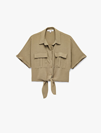 Rahat Kalıp Cep Detaylı Kısa Kollu Bağlamalı Crop Gömlek