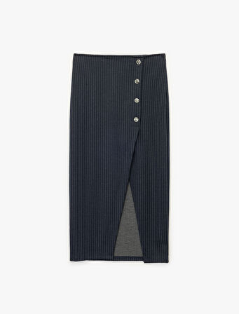 Metal Düğmeli Slim Fit Asimetrik Yırtmaçlı Çizgili Midi Etek