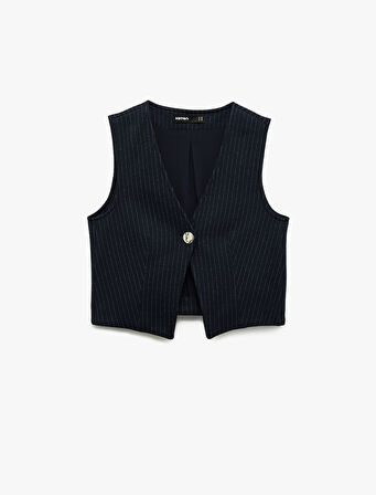 Slim Fit V Yaka Metal Düğmeli Asimetrik Kesim Yelek