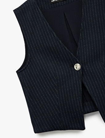 Slim Fit V Yaka Metal Düğmeli Asimetrik Kesim Yelek