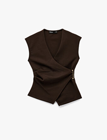 Slim Fit V Yaka Metal Aksesuarlı Kruvaze Yelek