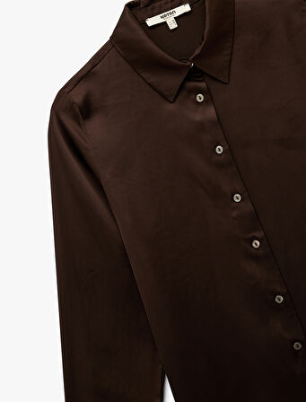 Düğmeli Klasik Yaka Uzun Kollu Saten Gömlek