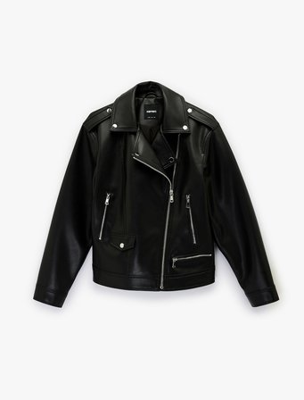 Uzun Kollu Fermuarlı Oversize Biker Suni Deri Ceket