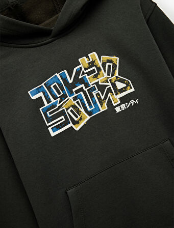 Uzun Kollu Baskılı Oversize Kapşonlu Sweatshirt