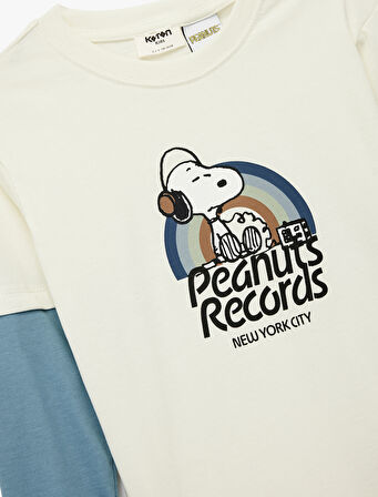 Snoopy Baskılı Uzun Kollu Bisiklet Yaka Lisanslı Tişört