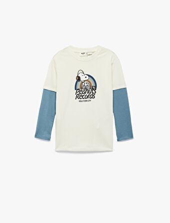 Snoopy Baskılı Uzun Kollu Bisiklet Yaka Lisanslı Tişört