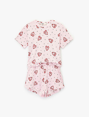 Kısa Kollu U Yaka Baskılı Şortlu Yılbaşı Pijama Takımı