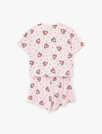 Kısa Kollu U Yaka Baskılı Şortlu Yılbaşı Pijama Takımı