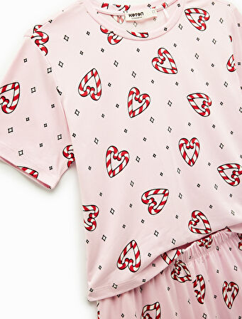 Kısa Kollu U Yaka Baskılı Şortlu Yılbaşı Pijama Takımı