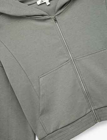 Rahat Kalıp Kanguru Cepli Fermuarlı Yıkamalı Kapüşonlu Crop Sweatshirt