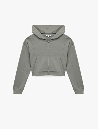 Rahat Kalıp Kanguru Cepli Fermuarlı Yıkamalı Kapüşonlu Crop Sweatshirt