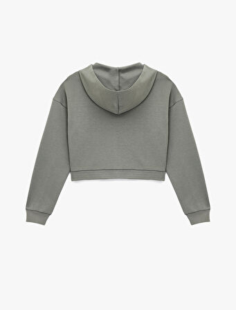 Rahat Kalıp Kanguru Cepli Fermuarlı Yıkamalı Kapüşonlu Crop Sweatshirt