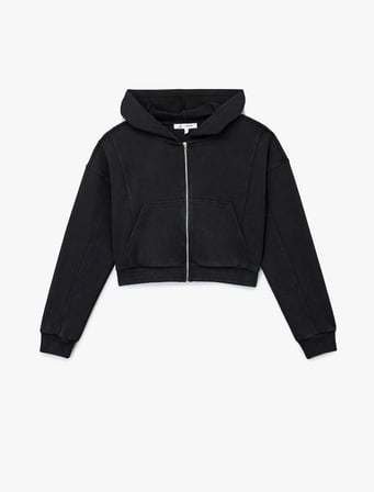 Rahat Kalıp Kanguru Cepli Fermuarlı Yıkamalı Kapüşonlu Crop Sweatshirt