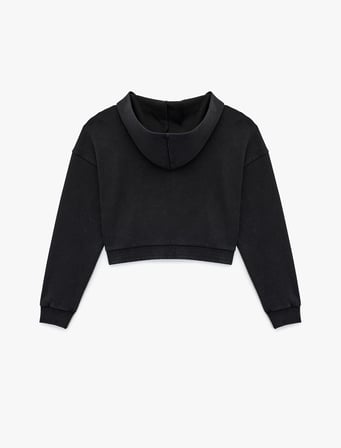 Rahat Kalıp Kanguru Cepli Fermuarlı Yıkamalı Kapüşonlu Crop Sweatshirt