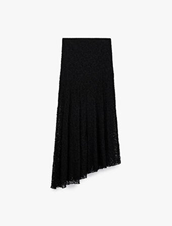 Yüksek Bel Asimetrik Kesim Midi Dantel Etek