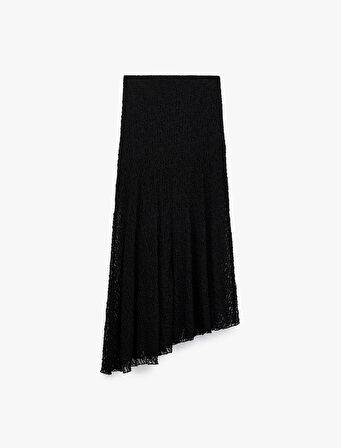 Yüksek Bel Asimetrik Kesim Midi Dantel Etek