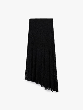 Yüksek Bel Asimetrik Kesim Midi Dantel Etek