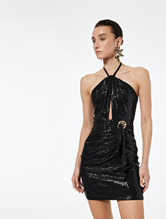 Halter Yaka Kolsuz Metal Aksesuarlı Payetli Mini Elbise