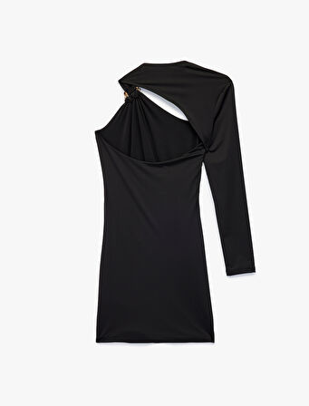 Asimetrik Yaka Pencere Detaylı Uzun Kollu Metal Aksesuarlı Mini Abiye Elbise