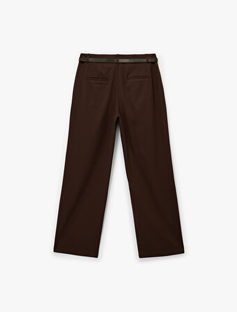 Kemer Detaylı Cepli Geniş Paça Viskon Karışımlı Kumaş Pantolon