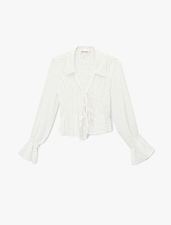 Fiyonklu Bağlama Detaylı Uzun Balon Kollu Gömlek Yaka Ekoseli Bluz