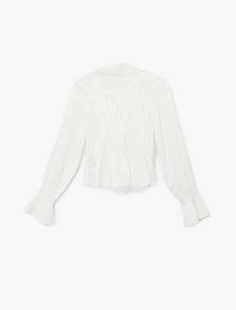 Fiyonklu Bağlama Detaylı Uzun Balon Kollu Gömlek Yaka Ekoseli Bluz