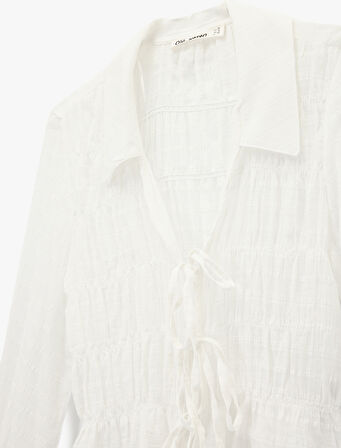 Fiyonklu Bağlama Detaylı Uzun Balon Kollu Gömlek Yaka Ekoseli Bluz