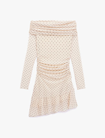 Uzun Kollu Kayık Yaka Slim Fit Asimetrik Kesim Drapeli Puantiyeli Mini Elbise