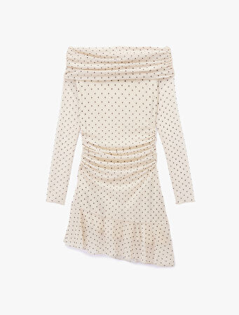 Uzun Kollu Kayık Yaka Slim Fit Asimetrik Kesim Drapeli Puantiyeli Mini Elbise