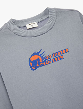 Pamuklu Uzun Kollu Bisiklet Yaka Baskılı Sweatshirt