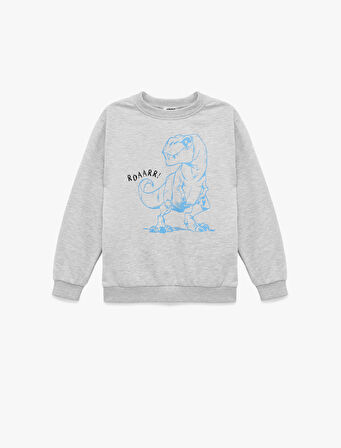 Uzun Kollu Bisiklet Yaka Dinozor Baskılı Sweatshirt