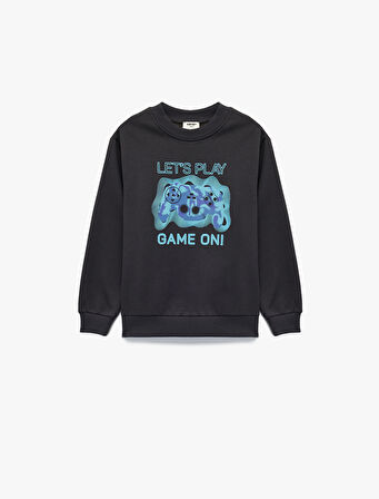 Uzun Kollu Bisiklet Yaka Baskılı Pamuklu Sweatshirt